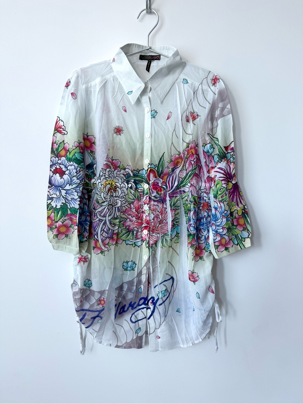 Ed Hardy White Button-Up 3/4 Sleeve Blouse Classic Floral Tattoo Motive
